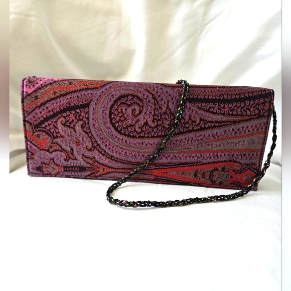 ANN TAYLOR Purse Multi Color Paisley Envelope Beaded Strap - Picture 1 of 10